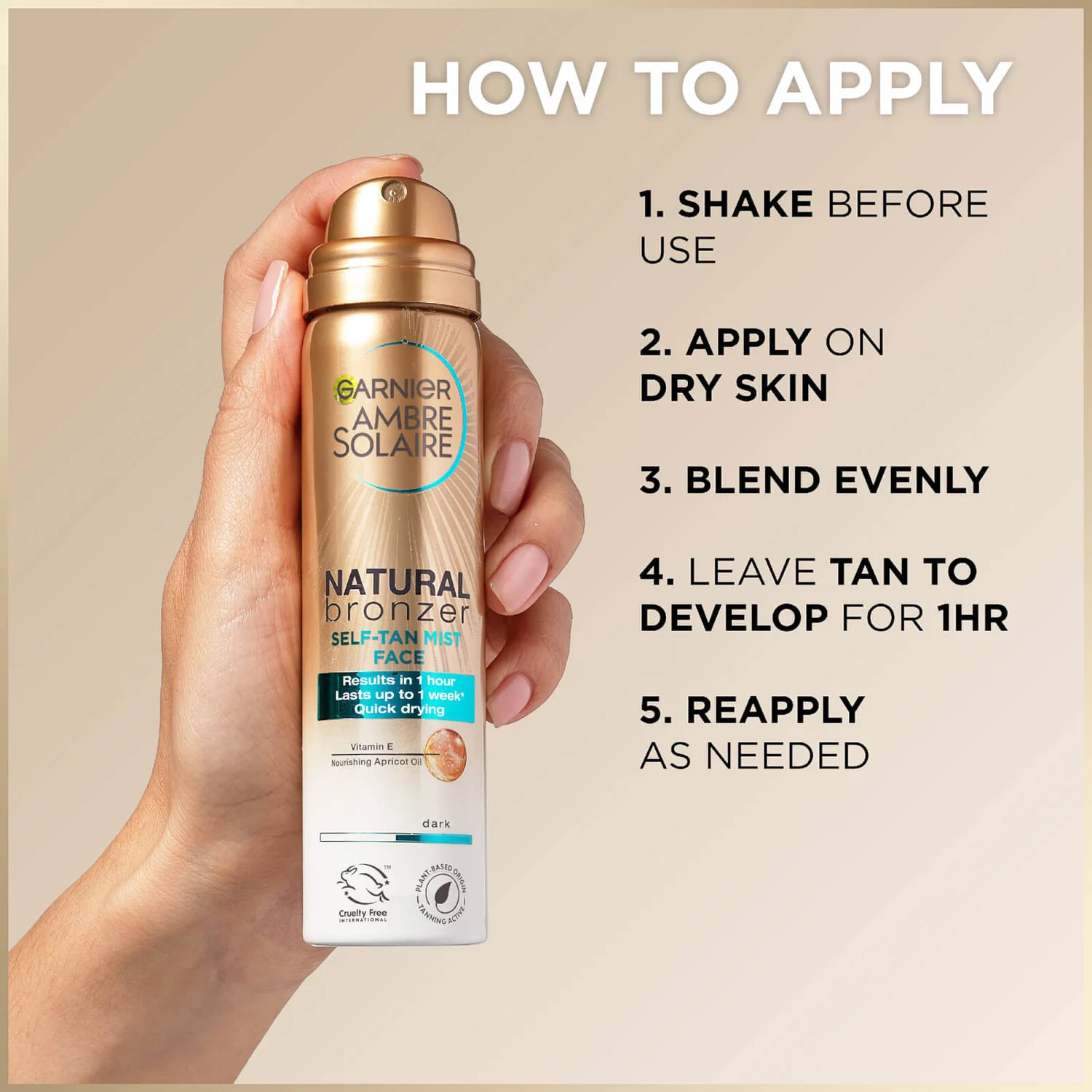 Garnier Ambre Solaire Natural Bronzer Quick Drying Self Tan Body Mist Dark 150ml 6 Garnier Ambre Solaire Natural Bronzer Quick Drying Self Tan Body Mist Dark 150ml - Image 4